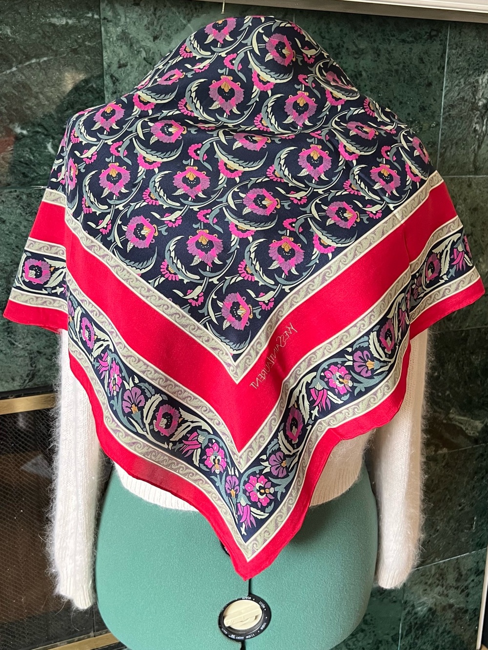 Yves Saint Laurent Vintage Silk Scarf Floral Print Square Shawl Red Pink Navy